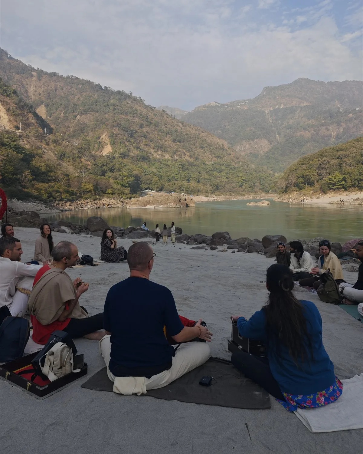 A morning satsang circle on the sands of the Ganga near Rishikesh